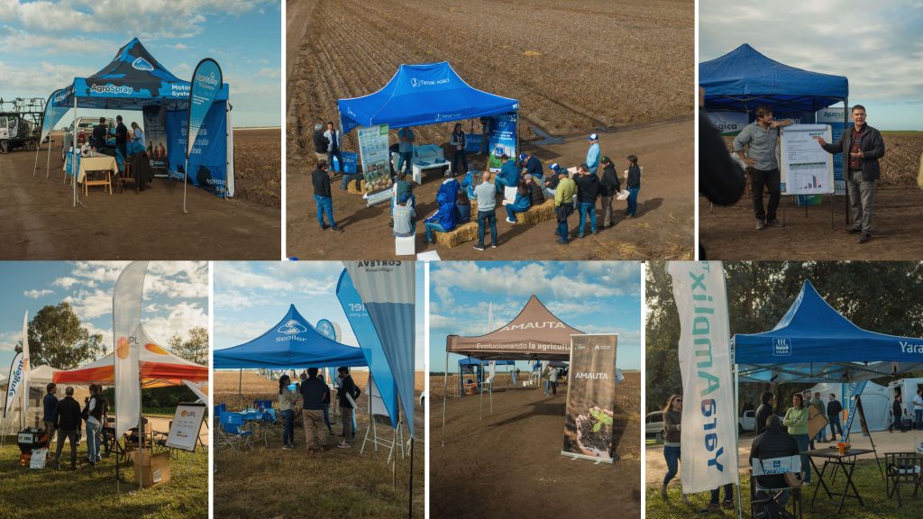 Carpas de diferentes empresas agroindustriales instaladas en un predio rural, con asistentes interactuando en un entorno de campo.