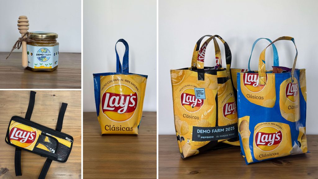 Un frasco de miel y distintos accesorios realizados con material reciclado