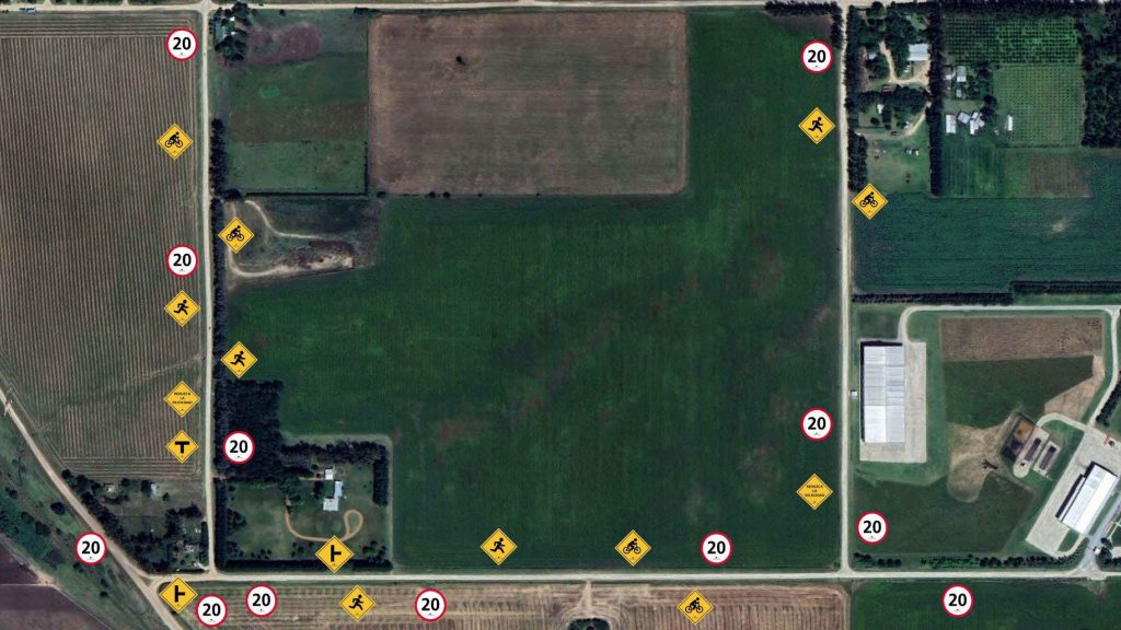 Mapa realizado a partir de una imagen aérea de los caminos rurales cercanos a la planta, donde se visualizan los diferentes carteles colocados en las distintas calles.