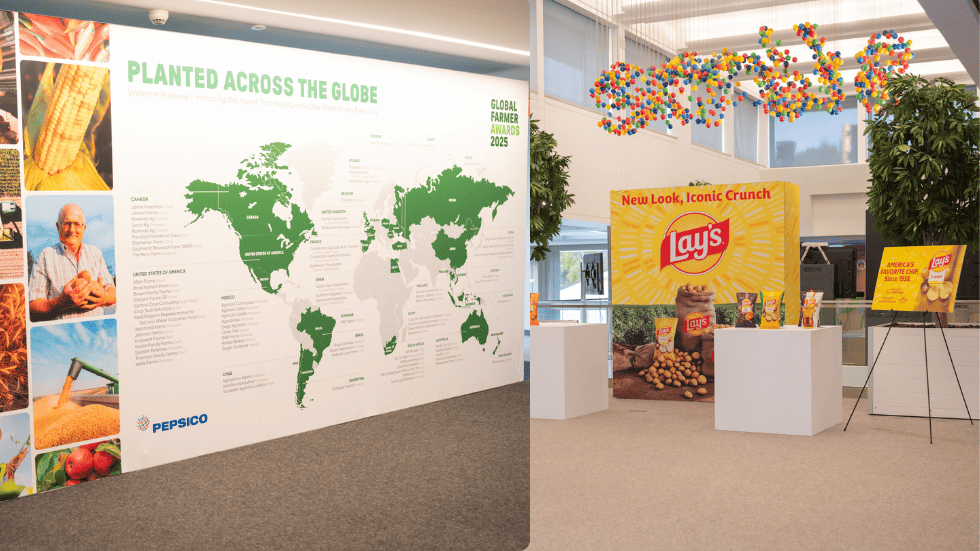 Imagen del interior de las oficinas de pepsico donde se puede ver un mapa global de las áreas donde cultivan y de fondo un cartel de Lays