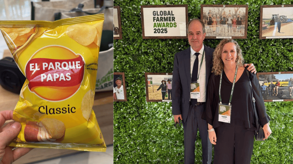 Collage donde se puede ver a la izquierda un paquete de Lays pero, en vez de nombrar la marca, dice "EL PARQUE PAPAS" y, a la derecha, los fundadores de la empresa: Walter y Marina
